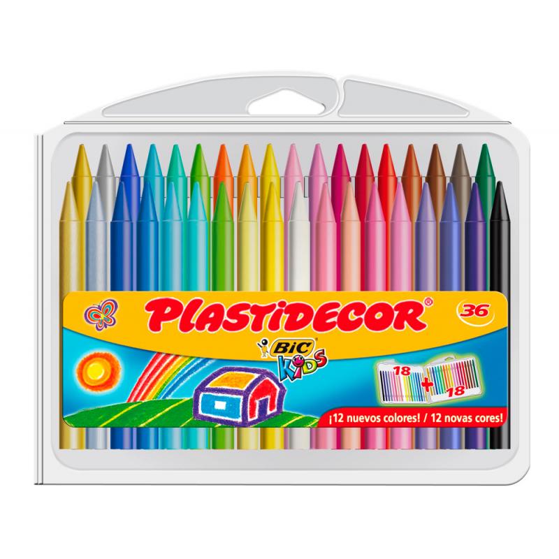 Bic Kids Plastidecor Caja de 36 Lapices de Cera - Extraresistentes - Facil de Sacar Punta - No Mancha