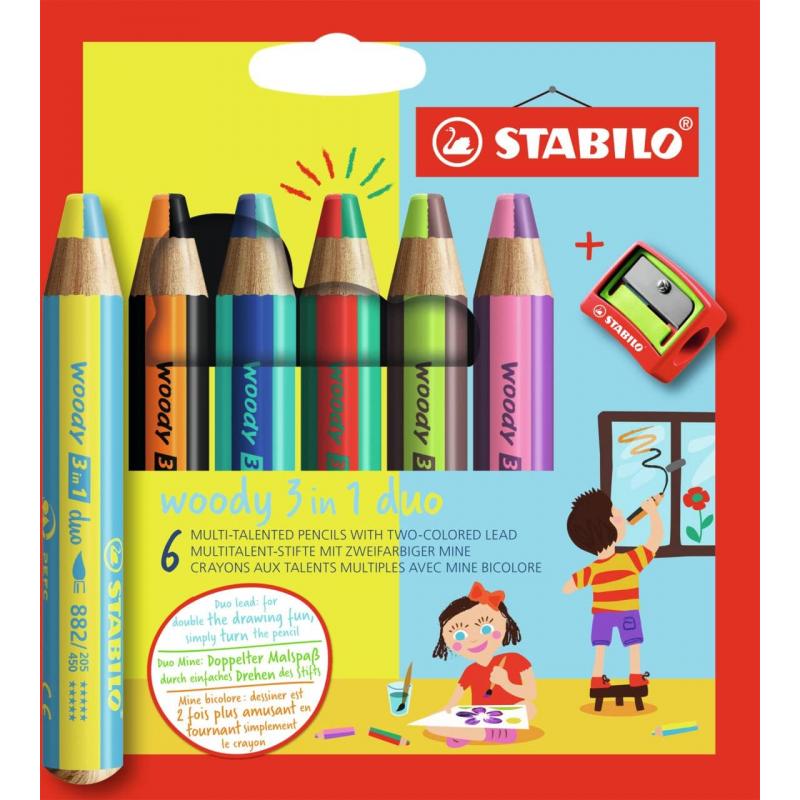 Stabilo Woddy 3 en 1 Duo Pack de 6 Lapices de Colores + Sacapuntas - Mina 2 Colores XXL 10mm - Lapiz de Color, Cera  Acuarela, T