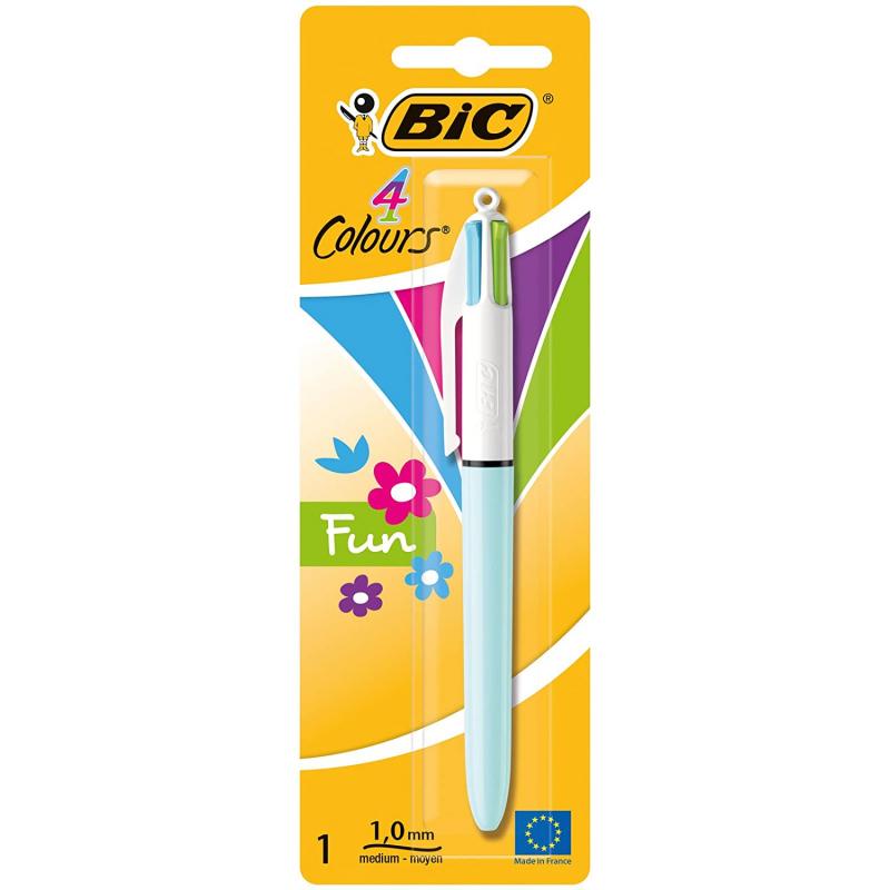 Bic 4 Colours Fun Boligrafo de Bola Retractil - Punta Media de 1.0mm - Tinta con Base de Aceite - Tinta de Colores: Rosa, Morado