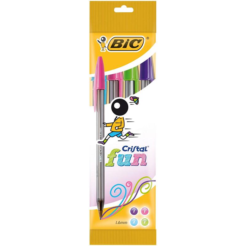 Bic Cristal Fun Pack de 4 Boligrafos de Bola - Punta Redonda de 1.6mm - Trazo 0.42mm - Tinta con Base de Aceite - Colores Surtid