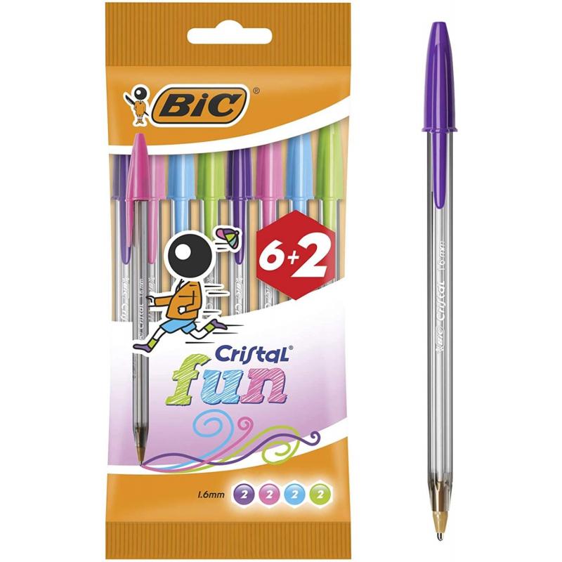 Bic Cristal Fun 6+2 Pack de 8 Boligrafos de Bola - Punta Redonda de 1.6mm - Trazo 0.42mm - Tinta con Base de Aceite - Colores Su