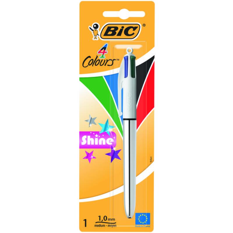 Bic 4 Colours Shine Boligrafo de Bola Retractil - Punta Media de 1.0mm - Tinta con Base de Aceite - 4 Colores de Tinta