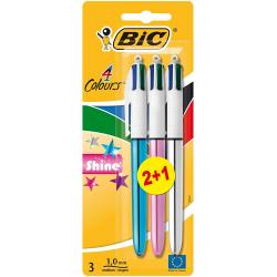 Bic 4 Colours Shine 2+1 Pack de 3 Boligrafos de Bola Retractil - Punta Media de 1.0mm - Tinta con Base de Aceite - Cuerpo de Col