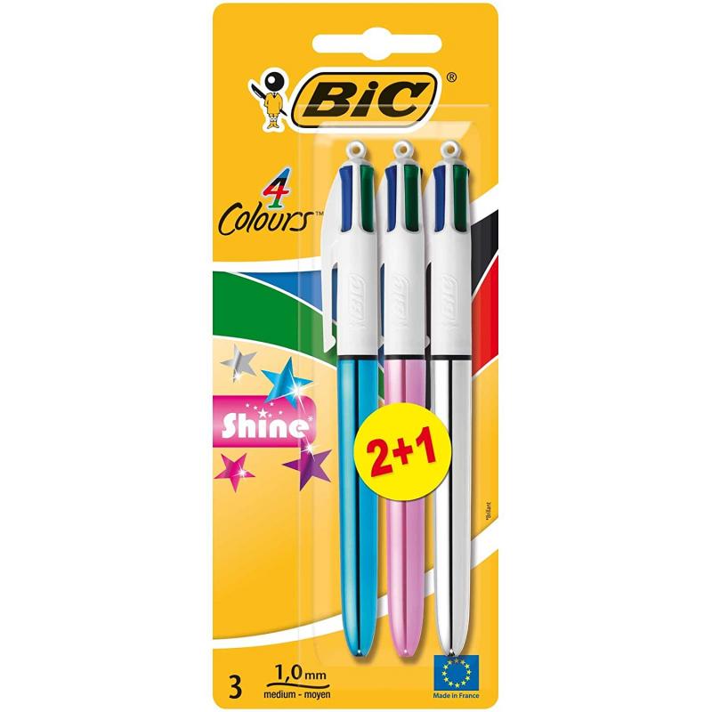 Bic 4 Colours Shine 2+1 Pack de 3 Boligrafos de Bola Retractil - Punta Media de 1.0mm - Tinta con Base de Aceite - Cuerpo de Col