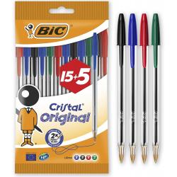 Bic Cristal Original 15+5 Pack de 20 Boligrafos de Bola - Punta Redonda de 1.0mm - Trazo 0.4mm - Tinta con Base de Aceite - Colo