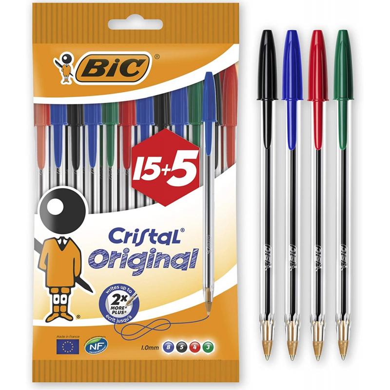 Bic Cristal Original 15+5 Pack de 20 Boligrafos de Bola - Punta Redonda de 1.0mm - Trazo 0.4mm - Tinta con Base de Aceite - Colo