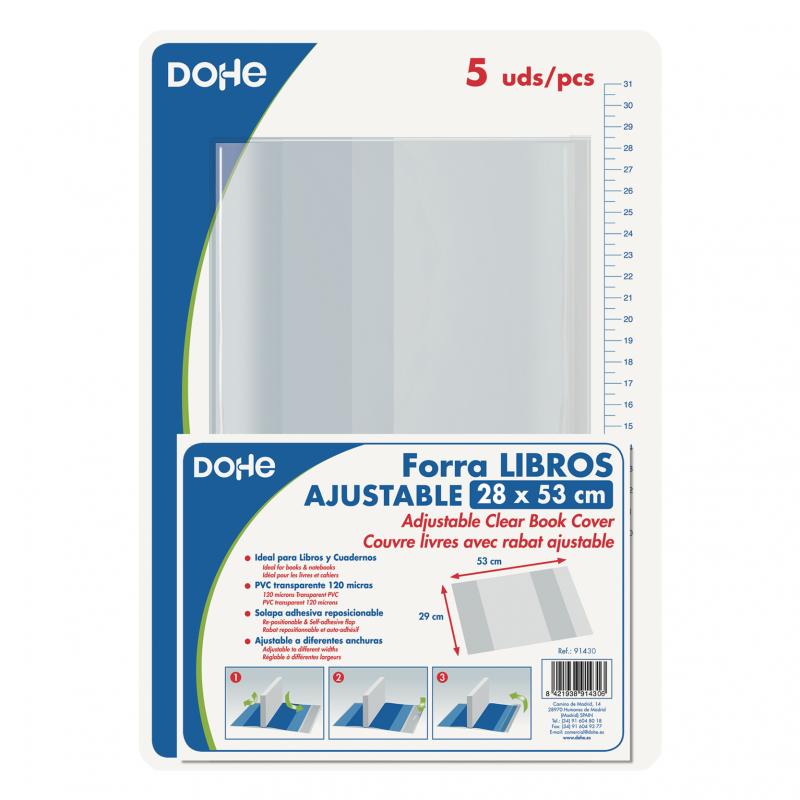 Dohe Pack de 5 Cubiertas Protectoras de Libros - Solapa Adhesiva Reposicionable - Tamaño 28x53cm - Material PVC 120 micras