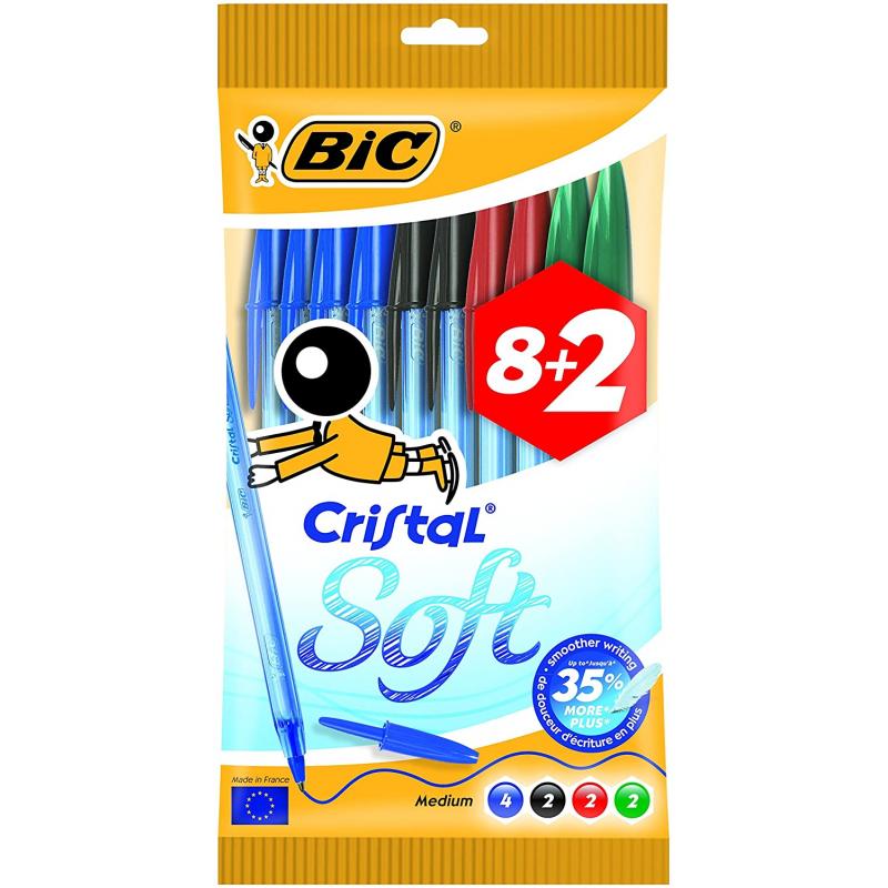 Bic Cristal Soft Pack de 10 Boligrafos de Bola - Punta Media de 1.2mm - Trazo 0.45mm - Escritura mas Fluida - Colores Surtidos