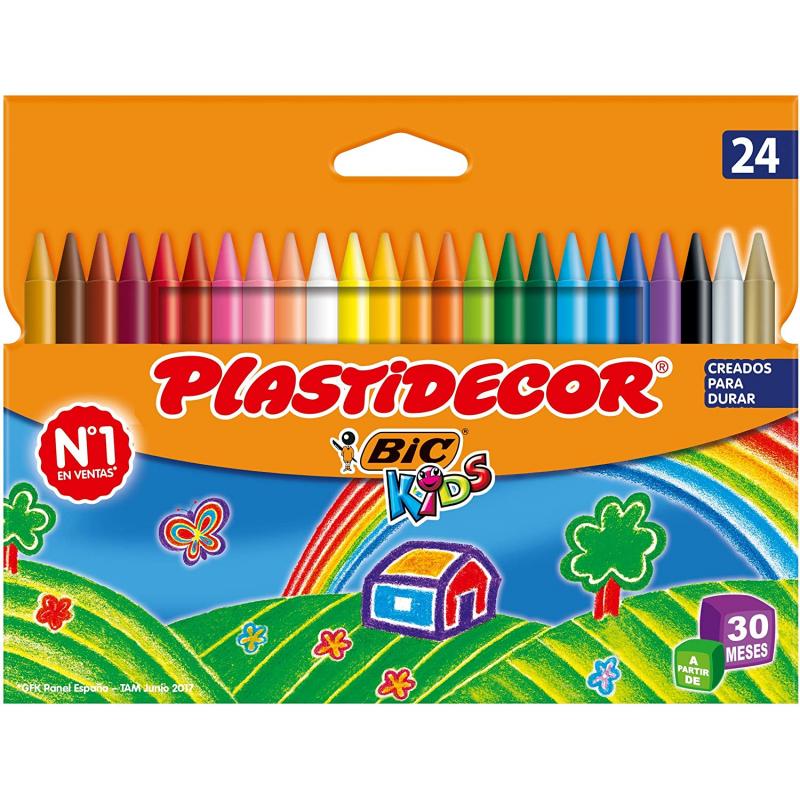 Bic Kids Plastidecor Caja de 24 Lapices de Cera - Extraresistentes - Facil de Sacar Punta - No Mancha