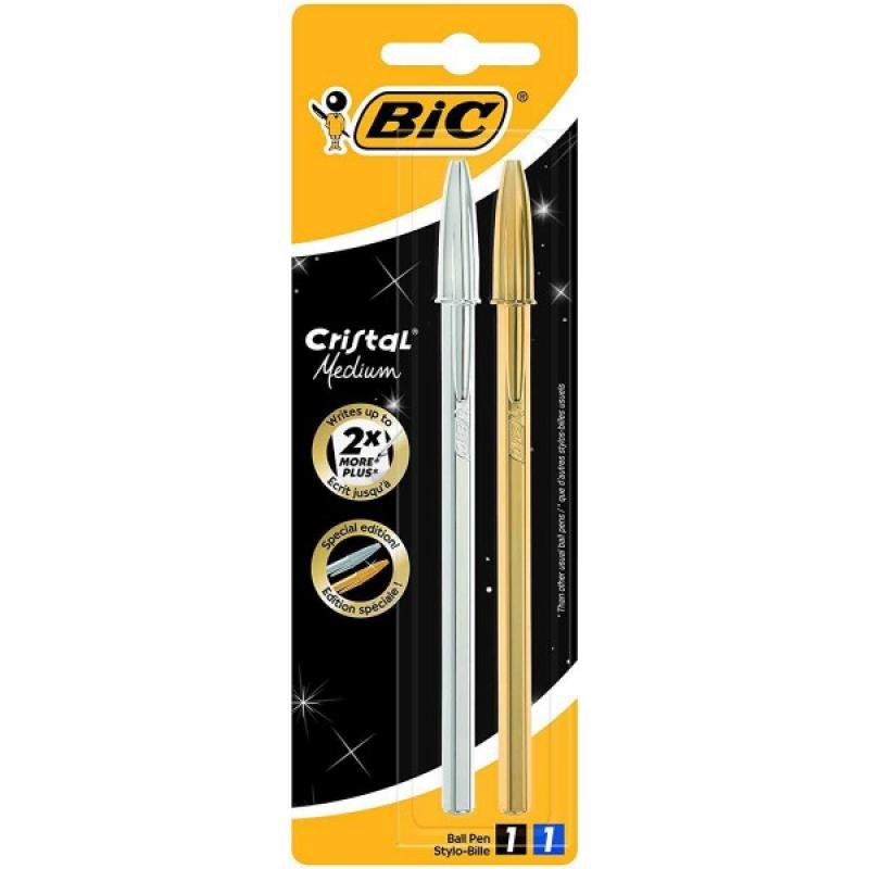 Bic Cristal Shine Pack de 2 Boligrafos de Bola - Punta Media de 1.0mm - Tinta con Base de Aceite - Cuerpo Plateado y Dorado - Co