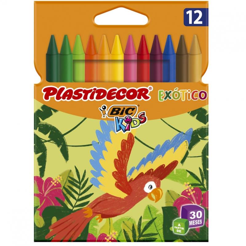 Bic Kids Plastidecor Caja de 12 Lapices de Cera - Colores Exoticos - Extraresistentes - Facil de Sacar Punta - No Mancha