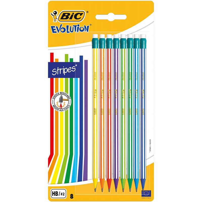 Bic Evolution Stripes Pack de 8 Lapices de Grafito Hexagonales con Goma de Borrar - Mina HB Ultraresistente - Fabricados en Resi