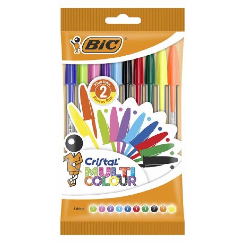 Bic Cristal Multicolour Pack de 10 Boligrafos de Bola - Punta Redonda de 1.6mm - Trazo 0.42mm - Tinta con Base de Aceite - Color