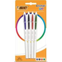 Bic Cristal Up Pack de 4 Boligrafos de Bola - Punta Redonda de 1.2mm - Trazo 0.6mm - Tinta con Base de Aceite - Cuerpo Blanco - 