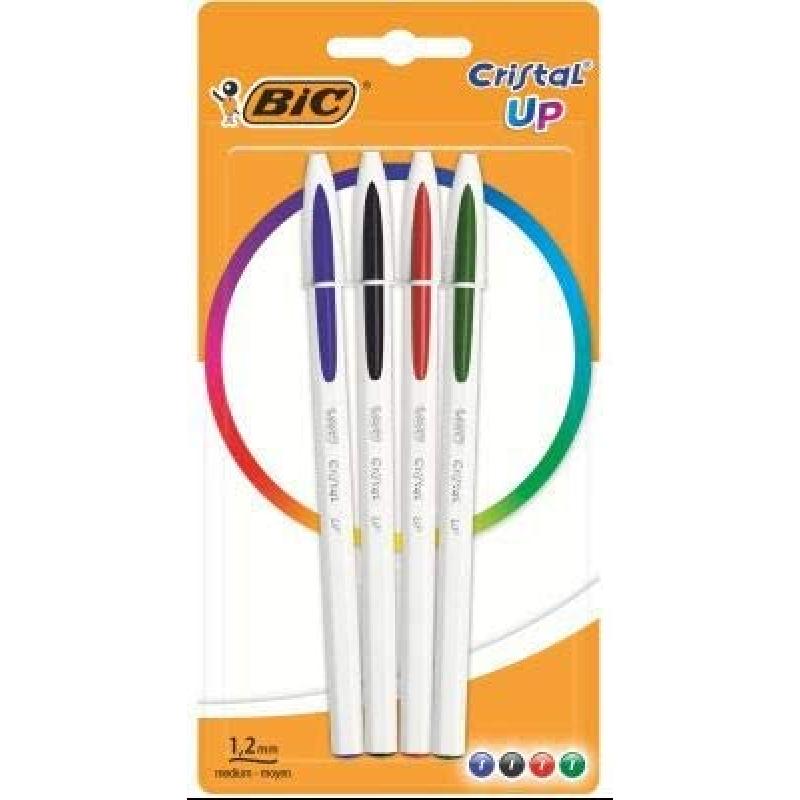 Bic Cristal Up Pack de 4 Boligrafos de Bola - Punta Redonda de 1.2mm - Trazo 0.6mm - Tinta con Base de Aceite - Cuerpo Blanco - 