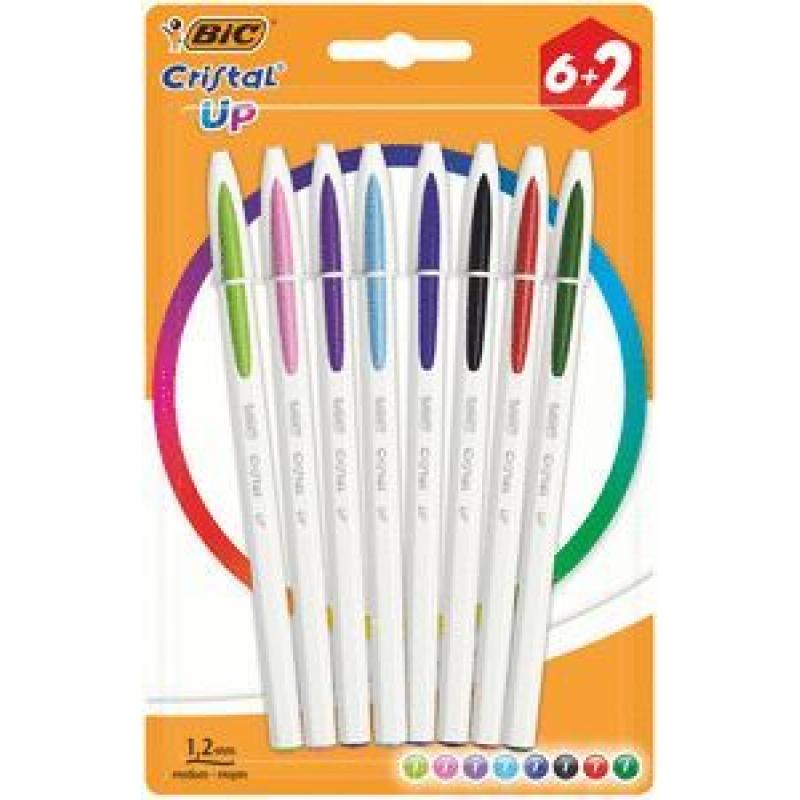 Bic Cristal Up Pack de 8 Boligrafos de Bola - Punta Redonda de 1.2mm - Trazo 0.6mm - Tinta con Base de Aceite - Cuerpo Blanco - 