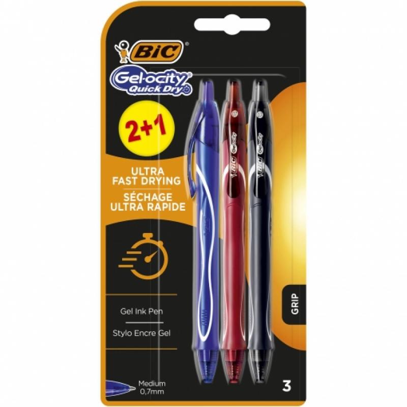 Bic Gel-Ocity Quick Dry 2+1 Pack de 3 Boligrafos Retractiles - Grip de Goma - Punta Media de 0.7mm - Secado Ultra Rapido - No Ma