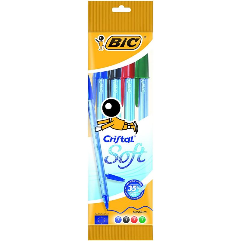 Bic Cristal Soft Pack de 4 Boligrafos de Bola - Punta Media de 1.2mm - Trazo 0.45mm - Escritura mas Fluida - Colores Surtidos