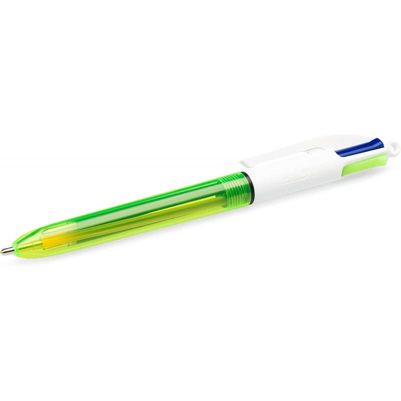 Bic 4 Colours Fluo Boligrafo de Bola Retractil - Punta Media de 1.0mm - Tinta con Base de Aceite - Tinta de Colores: Negro, Azul