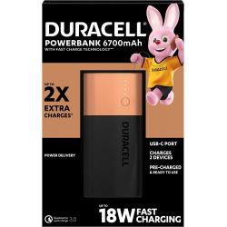 Duracell Bateria Externa/Power Bank 6700mAh PD 18W y QC 3.0 - 1x USB-A, 1x USB-C - Indicadores Led - 2 Dispositivos Simultaneame