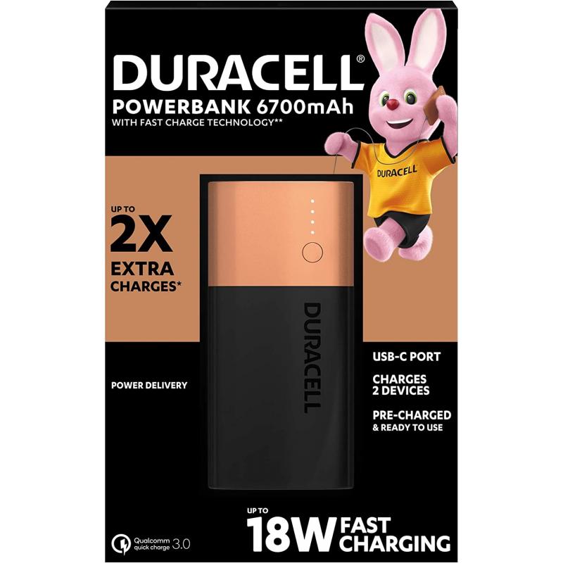 Duracell Bateria Externa/Power Bank 6700mAh PD 18W y QC 3.0 - 1x USB-A, 1x USB-C - Indicadores Led - 2 Dispositivos Simultaneame