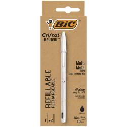 Bic Cristal Re´new Pack de Boligrafo Recargable de Bola + 2 Recambios - Punta Redonda de 1.0mm - Trazo 0.32mm - Tinta con Base d