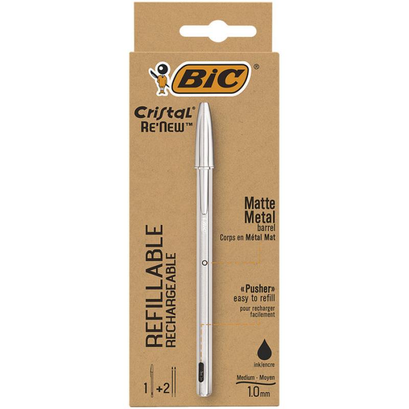 Bic Cristal Re´new Pack de Boligrafo Recargable de Bola + 2 Recambios - Punta Redonda de 1.0mm - Trazo 0.32mm - Tinta con Base d