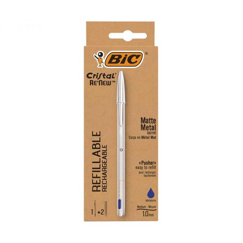 Bic Cristal Re´new Pack de Boligrafo Recargable de Bola + 2 Recambios - Punta Redonda de 1.0mm - Trazo 0.32mm - Tinta con Base d