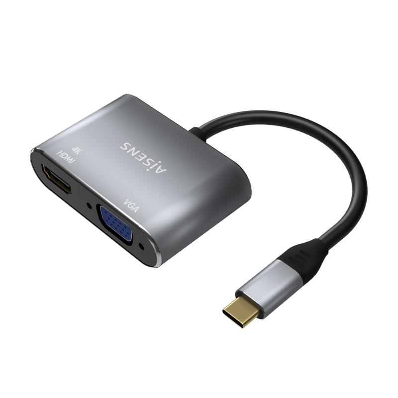 Aisens Conversor USB-C a VGA/HDMI 4K - USB-C/M-VGA/H-HDMI/H - 15CM - Color Gris