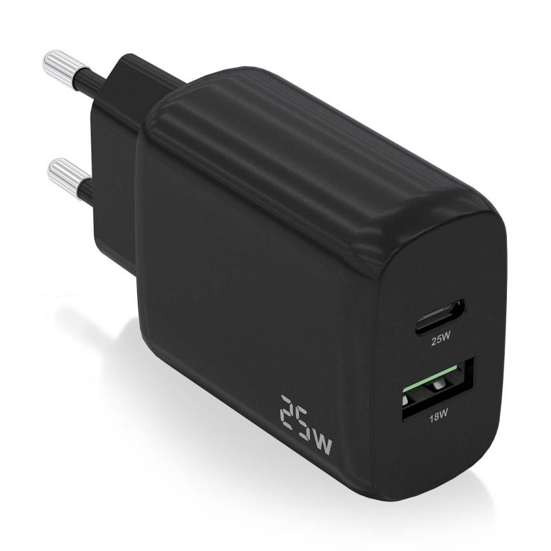 Aisens Cargador 25W - 1xUSB-C PD3.0 - 1xUSB-A QC3.0 - Color Negro