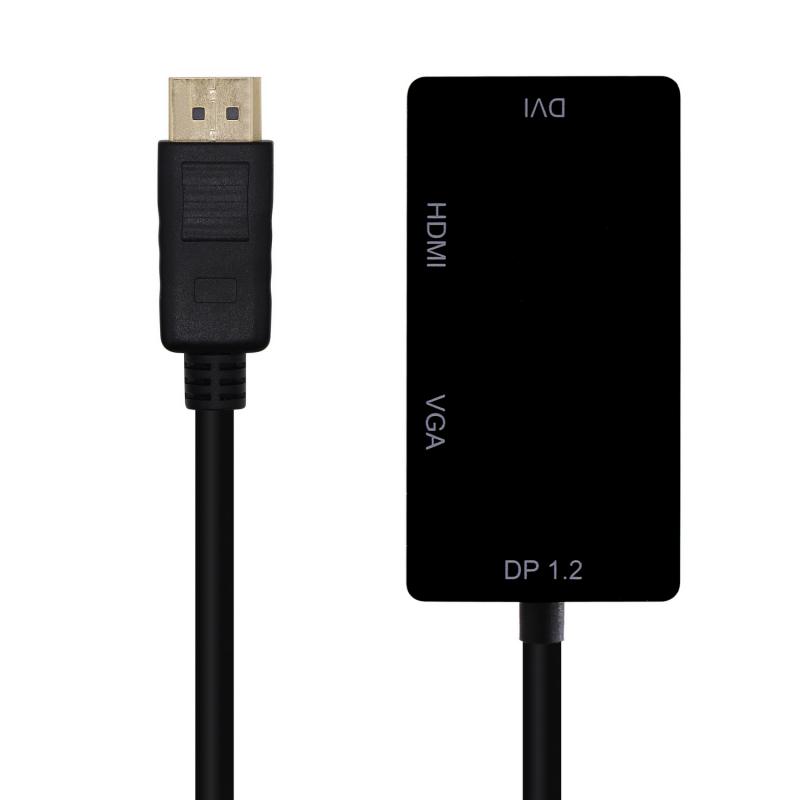 Aisens Conversor Displayport V1.2 a VGA/DVI/HDMI - DP 1.2/M-VGA/H-DVI/H-HDMI/H 4K - 15cm - Color Negro