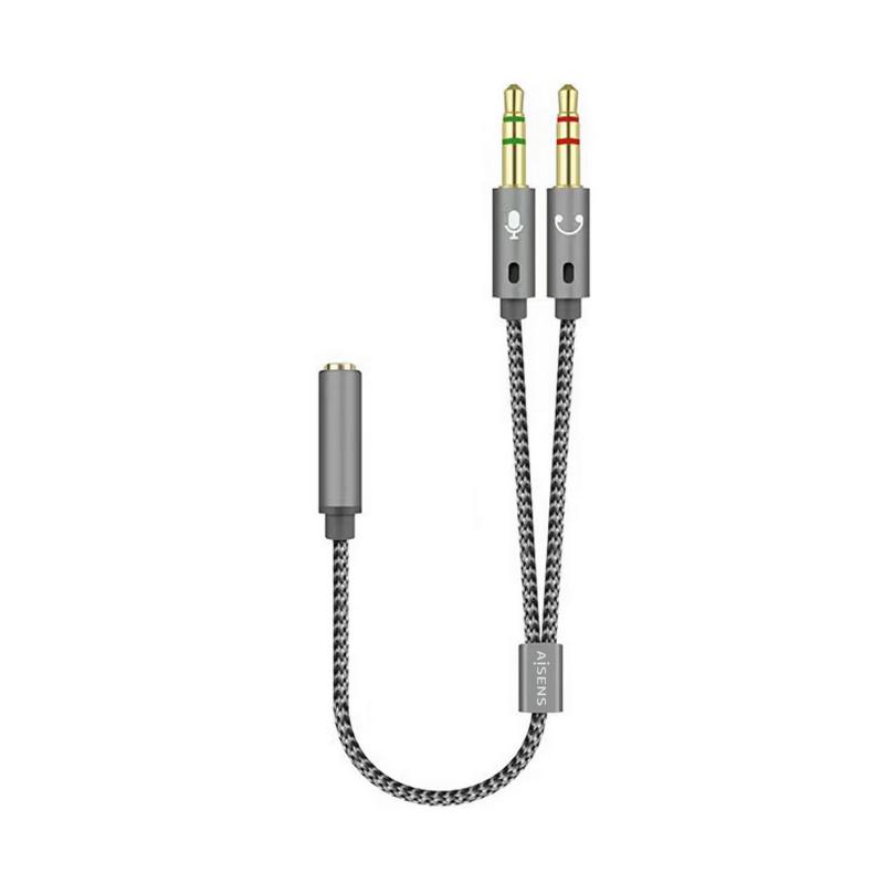 Aisens Cable Adaptador Audio JACK 3.5 4 Pines/H-2xJACK 3.5 3 Pines/M - 25cm - Color Gris