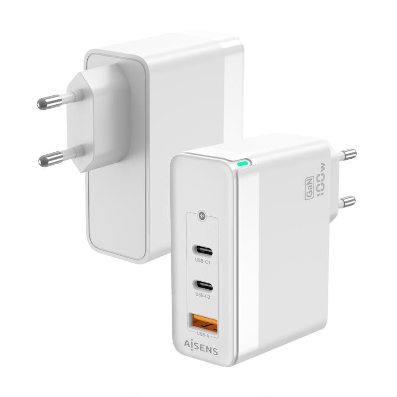 Aisens Cargador GAN 100W - 2xUSB-C PD3.0 QC4.0 QC5.0 - 1xUSB-A QC3.0 - Color Blanco