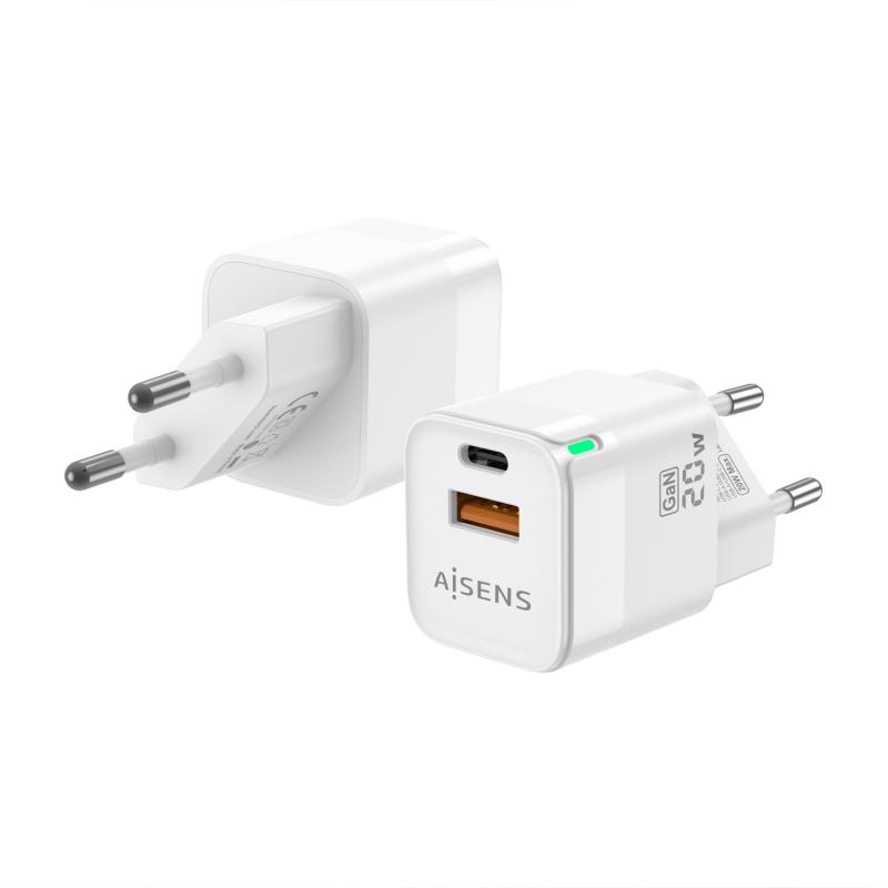 Aisens Cargador GAN 20W - 1xUSB-C PD3.0 QC4.0 - 1xUSB-A QC3.0 - Color Blanco