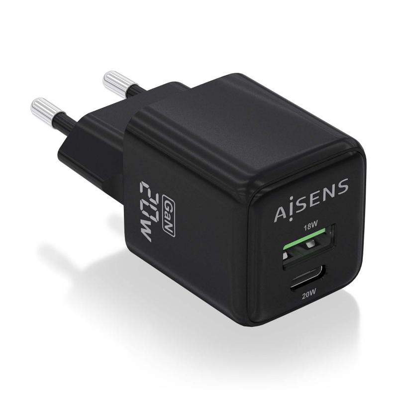 Aisens Cargador Gan 20W - 1xUSB-C PD3.0 QC4.0 - 1xUSB-A QC3.0 - Color Negro