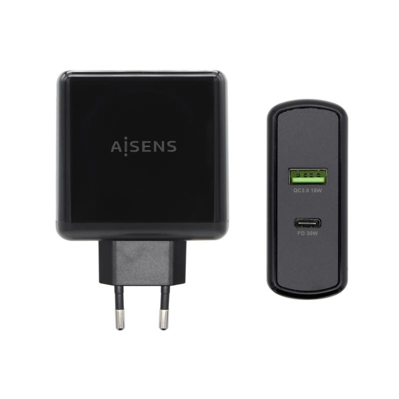 Aisens Cargador para Smartphone 48W 1x USB-C PD3.0 30W, 1x USB-A QC3.0 18W