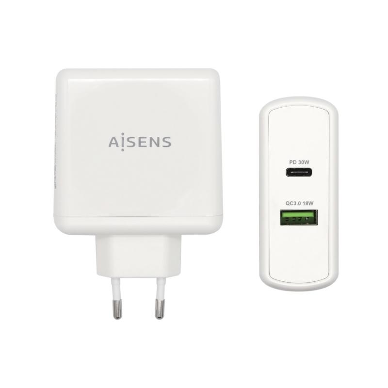 Aisens Cargador para Smartphone 48W 1x USB-C PD3.0 30W, 1x USB-A QC3.0 18W