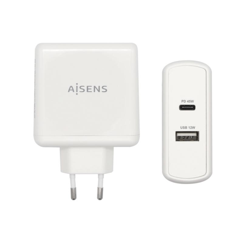 Aisens Cargador para Smartphone 57W 1x USB-C PD3.0 45W, 1x USB-A 5V/2.4A 12W