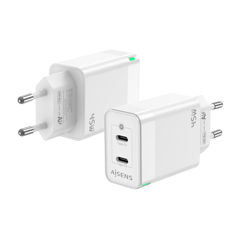 Aisens Cargador GAN 45W - 2xUSB-C PD3.0 QC4.0 - Color Blanco