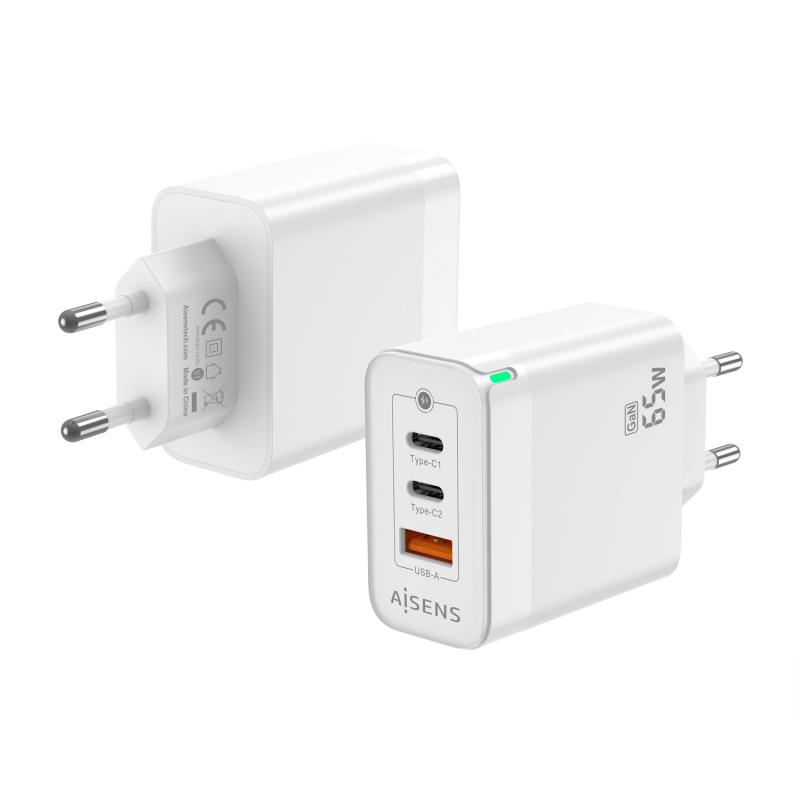 Aisens Cargador GAN 65W - 2xUSB-C PD3.0 QC4.0 - 1xUSB-A QC3.0 - Color Blanco