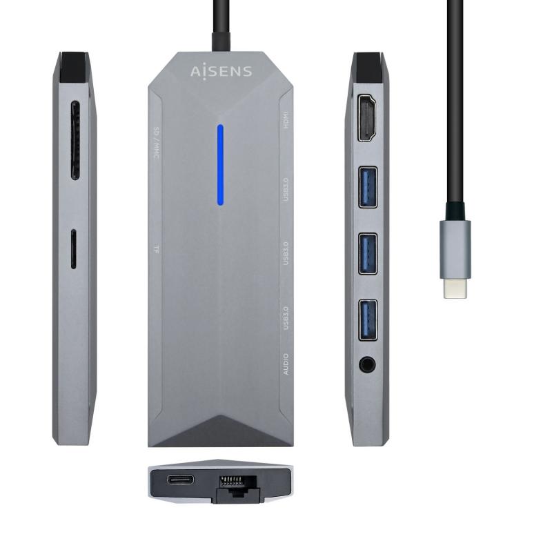 Aisens Dock 9 en 1 Hub USB-C 3.0 con 3x USB-A 3.0, 1x HDMI 1x RJ45, 1x PD 100W, 1x Audio 3.5mm, 1x Lector SD, 1x Lector MicroSD 