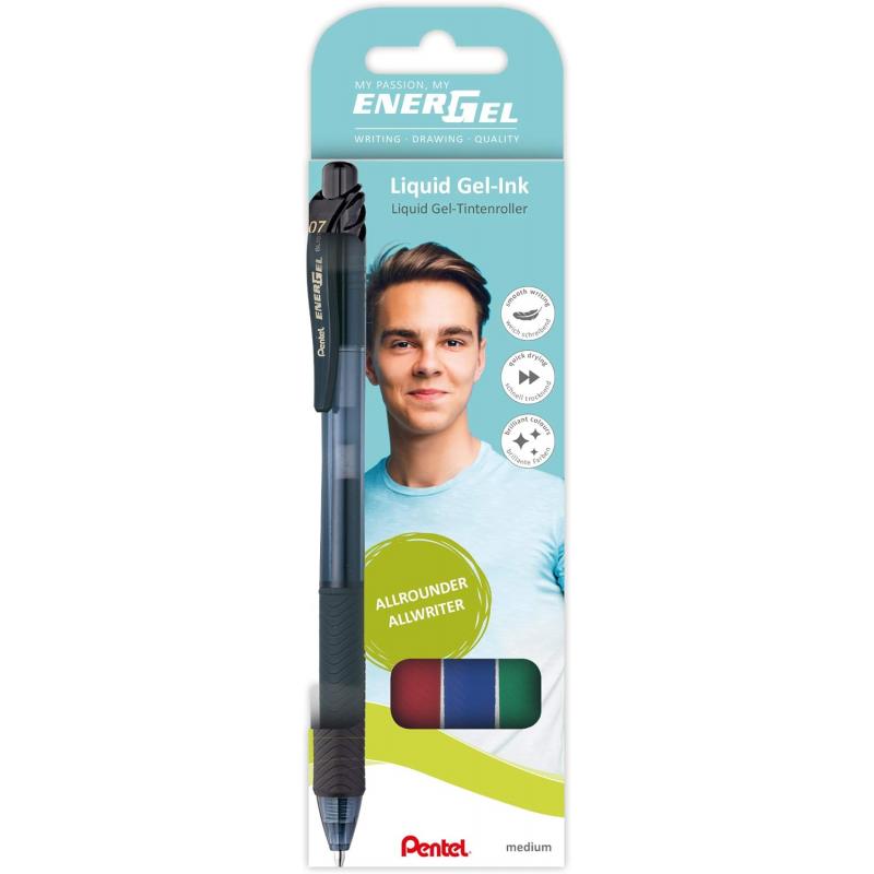 Pentel EnerGel X Pack de 4 Boligrafos de Bola Retractiles Tinta Gel - Punta 0.7mm - Trazo 0.35mm - Recargable - Grip de Agarre -