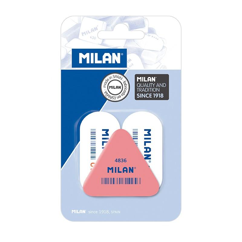 Milan Pack de 2 Gomas de Borrar 1018 Ovaladas Blancas + 1 Goma de Borrar 4836 Triangular Rosa - Miga de Pan - Caucho Suave Sinte