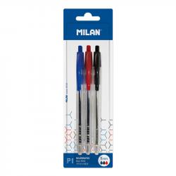 Milan P1 Pack de 3 Boligrafos de Bola Retractiles - Punta Redonda 1mm - Cuerpo Transparente - Color Azul, Negro y Rojo