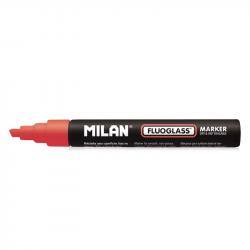 Milan Fluoglass Rotulador Superficies Lisas - Punta Biselada - Trazo de 2 a 4mm - Tinta al Agua - Borrado Facil - Color Rojo