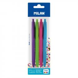 Milan P1 Touch Colours Pack de 4 Boligrafos de Bola Retractiles - Punta Redonda 1mm - Tinta con Base de Aceite - Escritura Suave
