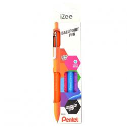 Pentel iZee Pack de 4 Boligrafos de Bola Retractiles - Punta 0.7mm - Trazo 0.35mm - Clip de Metal - Colores Naranja, Azul Claro,