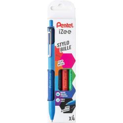 Pentel iZee Pack de 4 Boligrafos de Bola Retractiles - Punta 0.7mm - Trazo 0.35mm - Clip de Metal - Colores Negro, Azul, Rojo y 