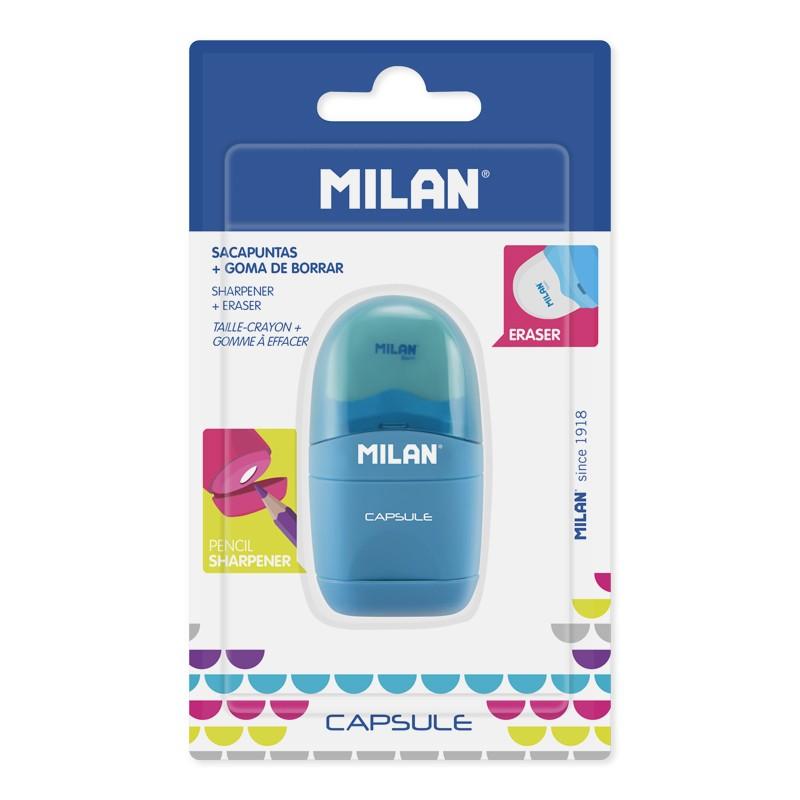 Milan Capsule Afilaborras - Sacapuntas y Goma de Borrar - Cuchilla de Acero al Carbono - Para todo tipo de Lapices - Cuchilla de