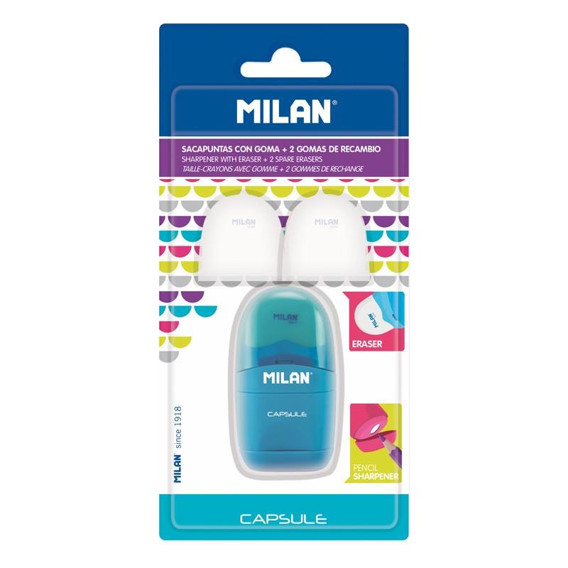 Milan Capsule Blister Afilaborras - Sacapuntas y Goma de Borrar + 2 Gomas de Borrar de Recambio - Cuchilla de Acero al Carbono -